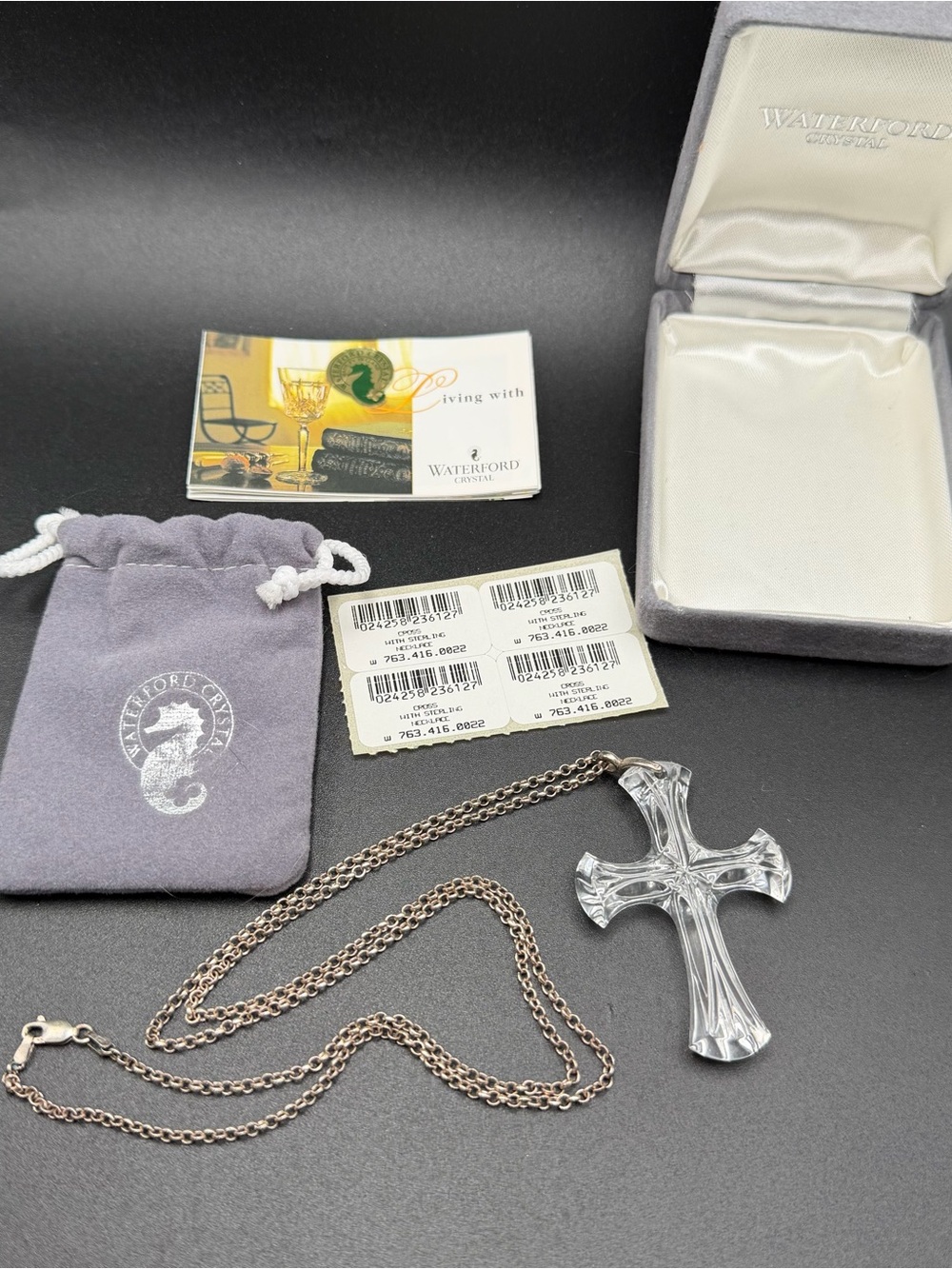 Waterford Crystal Cross pendant necklace 925 Silver chain #821 with Box